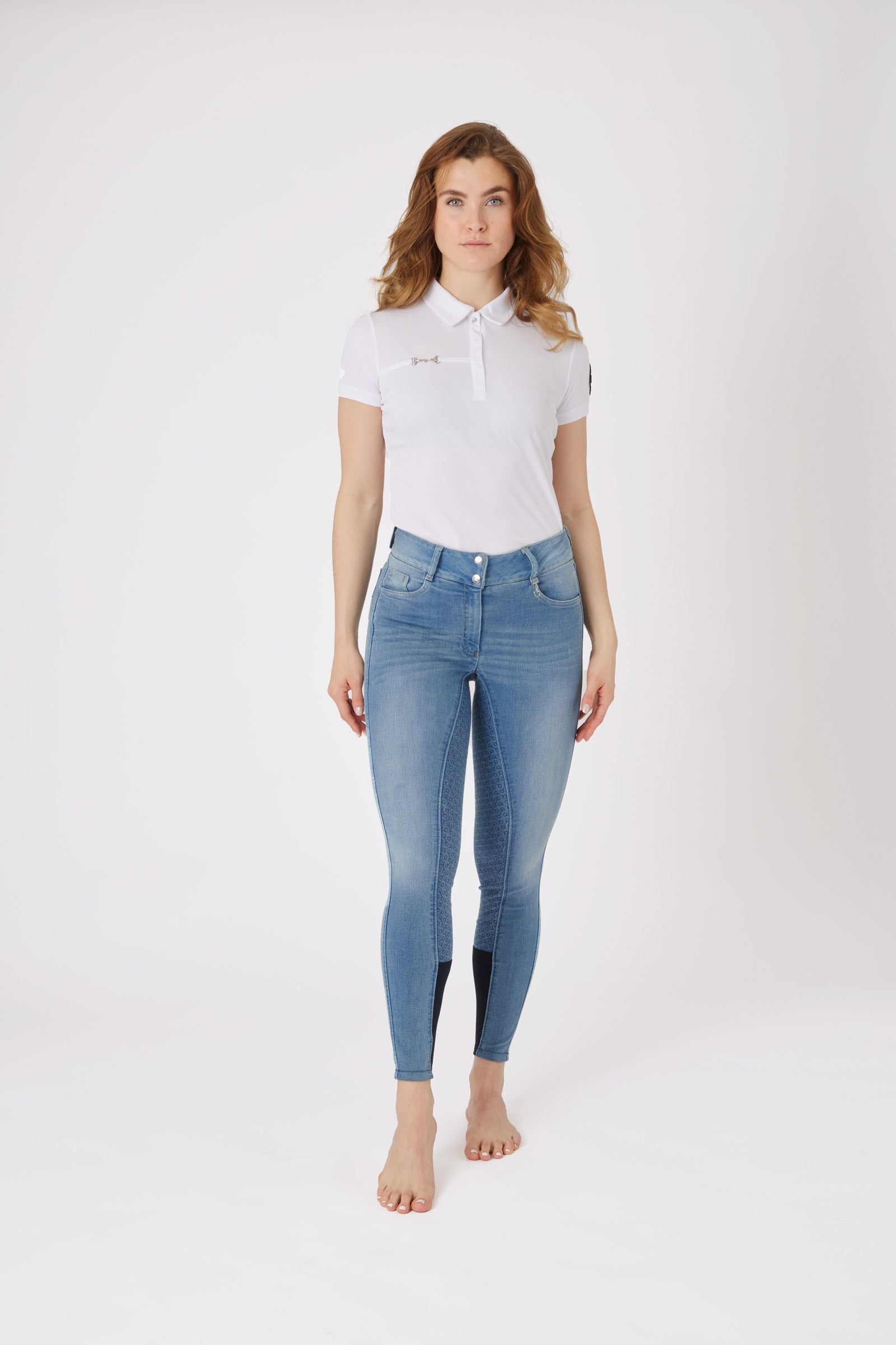 Horze Kaia Women's High Waist Denim Silicone Full Seat Breeches Womens Breeches
